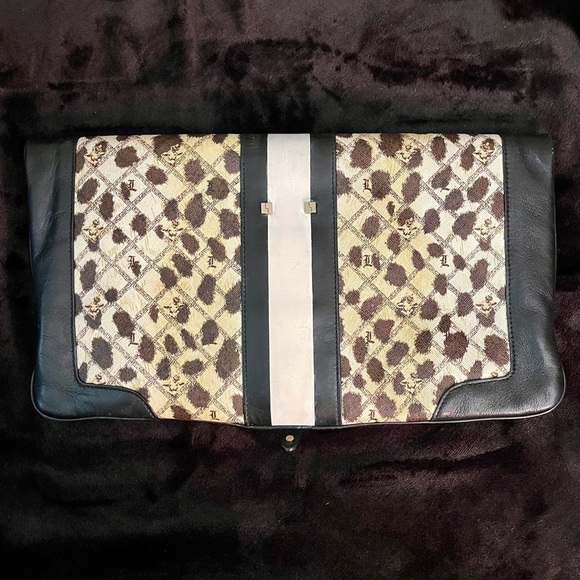 L.A.M.B. Black Leather & Leopard Print Bag Clutch Gwen Stefani Vintage - Picture 3 of 11